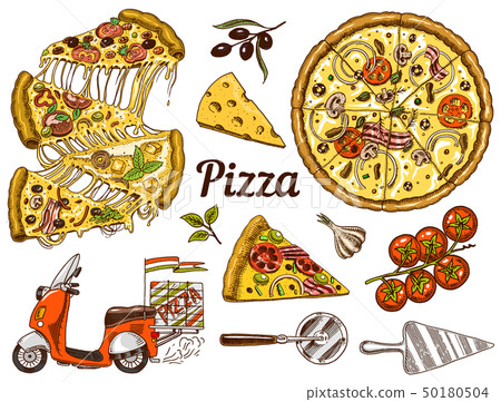 Set of pizza with cheese. Yummy italian vegetarian food with tomatoes, Seafood and olives 50180504