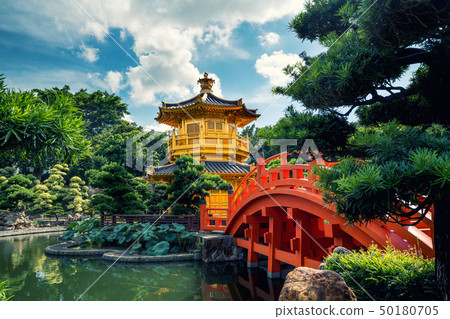 Front view the Golden pavilion temple with red 50180705