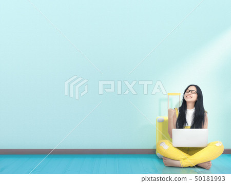 Young Woman and yellow suitcase 50181993