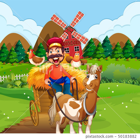 Happy farmer riding cart - Stock Illustration [50183882] - PIXTA