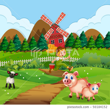 Farm scene with man and animals 50184152