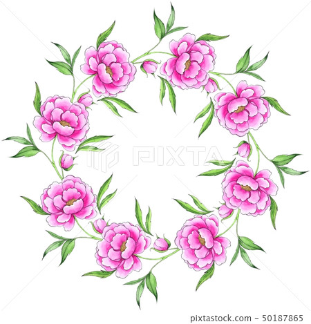 Floral round frame with pink flowers 50187865