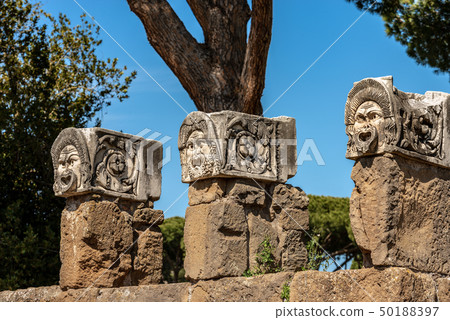 Theater masks - Ostia Antica - Rome Italy Theater masks - Ostia Antica - Rome Italy 50188397