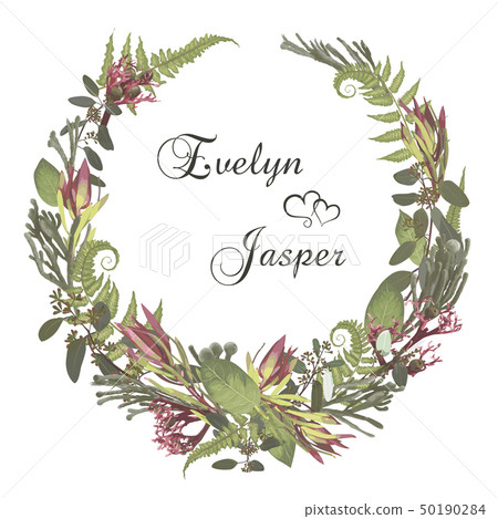 Wreath with flowers and leaves isolated on white 50190284