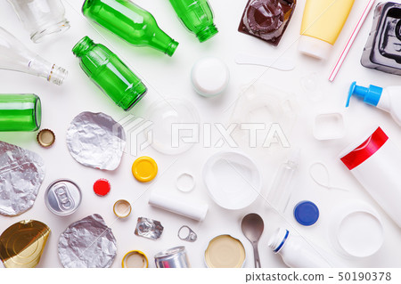 Selection of garbage for recycling - metal, plastic, and glass. Concept of recycling 50190378