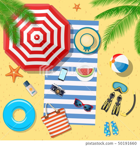 Beach Accessories top view on sand. Beach Accessories top view on sand. 50191660