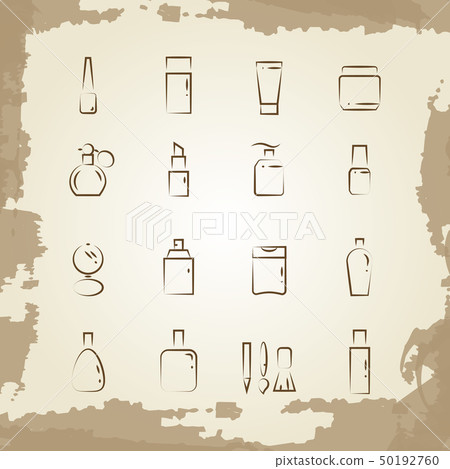 Vintage line icons cosmetics bottles and equipments 50192760