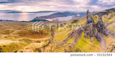 Aerial view of the Old Man of Storr and the Storr cliffs on the Isle of Skye in autumn, Scotland 50192984