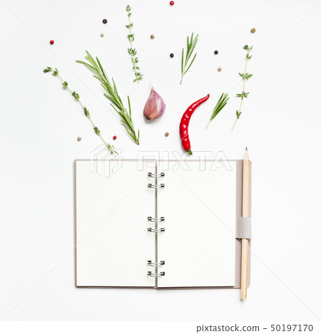 Blank notepad pages with greens herbs and spices 50197170