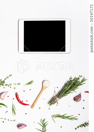 Empty tablet PC with greens herbs and spices 50197172