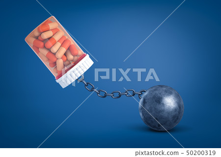 3d rendering of medical pills jar chained to metal ball on blue background 50200319