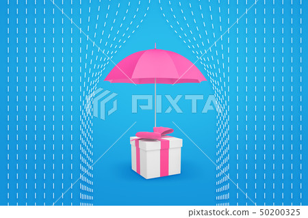 3d rendering of a pink umbrella protecting a gift box from rain. 50200325