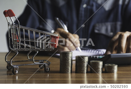 Businessman with money coin stack and shopping Businessman with money coin stack and shopping 50202593