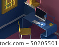 3D render. Isometric view of interior in minimalistic modern cartoon style.Room in evening sunlight 50205501