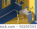 3D render. Isometric view of interior in minimalistic modern cartoon style. Room in evening sunlight 50205503