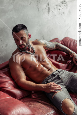 sexy men without clothes Man Standing Naked among Cardboard Boxes. Guy with Torso in Hard Hat on  Yellow Background Stock Image main image 1