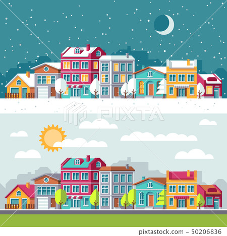Winter and summer landscape with city houses flat vector illustration 50206836