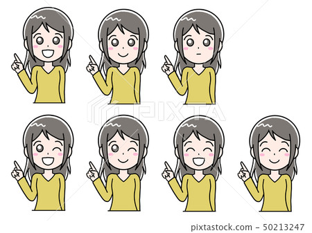Woman + smile + pointing body chest Woman + smile + pointing body chest 50213247