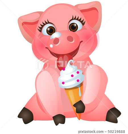 Cute animated pig eating sweet ice cream isolated on white background. Vector cartoon close-up 50219888