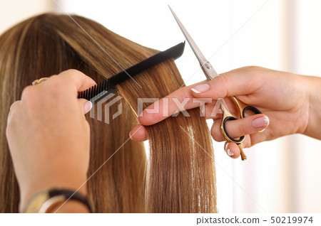 Female hand holding golden scissors 50219974