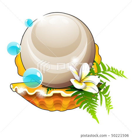Beautiful arrangement of seashells, flower and a large pearl isolated on white background. Vector 50221506