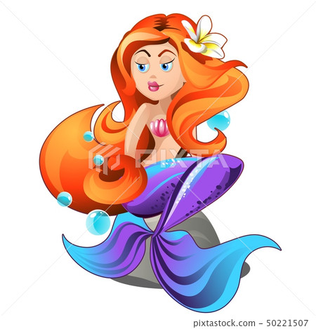 Cute mermaid with flower in the hair isolated on white background. Beautiful underwater fairytale 50221507