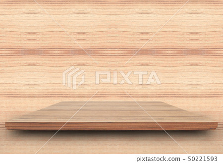 Empty top wooden shelves and woody wall Empty top wooden shelves and woody wall 50221593
