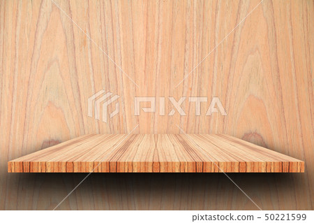 Empty top wooden shelves and woody wall Empty top wooden shelves and woody wall 50221599