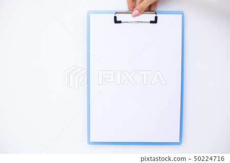 Blank Folder with White Paper. Hand that Holding Folder and Handle on White Background. Copyspace 50224716