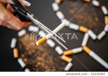 Stop smoking concept on background with broken cigarettes. Heap of cigarettes. No smoking Stop smoking concept on background with broken cigarettes. Heap of cigarettes. No smoking 50226997