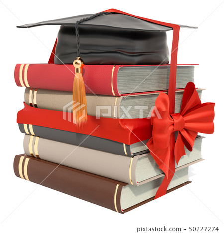 Books and graduation hat with red bow and ribbon. Books and graduation hat with red bow and ribbon. 50227274
