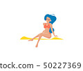 Summer beach sunbath vector retro illustration. Sexy pretty girl sitting on a beach with bikini 50227369