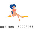 Summer beach girl sunbath vector illustration. Sexy pretty girl or woman sitting on a beach with 50227463