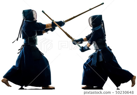 Kendo martial arts fighters silhouette isolated white bacground Kendo martial arts fighters silhouette isolated white bacground 50230648