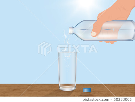 Hand pouring drinking water from bottle into glass