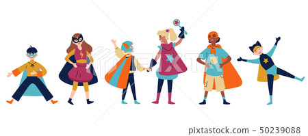 Kids wearing colorful costumes of different superheroes Kids wearing colorful costumes of different superheroes 50239088