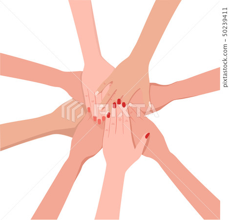 Friends with stack of hands showing unity and teamwork, top view. Young people putting their hands 50239411