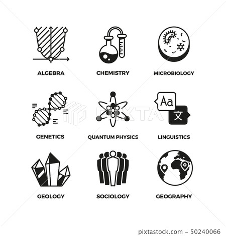 Science vector pictograms. Genetics, algebra, chemistry, biology, geography, sociology, linguistics Science vector pictograms. Genetics, algebra, chemistry, biology, geography, sociology, linguistics 50240066