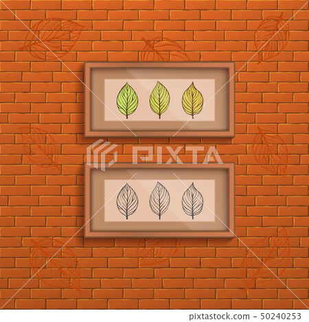 Decorative brick wall background with two interior frames with doodle leaves picture Decorative brick wall background with two interior frames with doodle leaves picture 50240253
