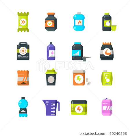 Sports nutrition supplements and protein flat icons. Energy drink and power bar vector symbols 50240268