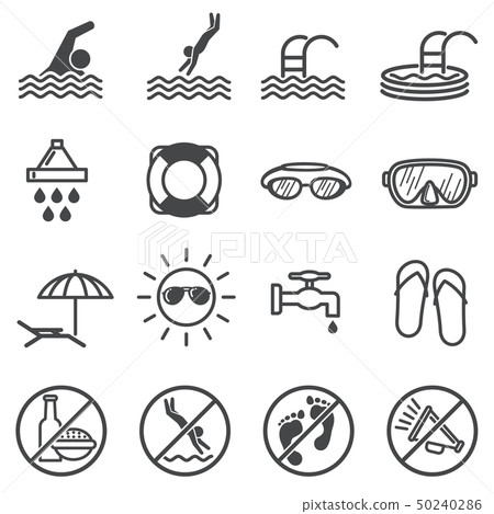 Public pool vector warning signs. Swimming rules icons 50240286