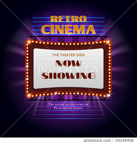 Retro hollywood cinema 3d glowing light sign. Movie light display billboard vector illustration Retro hollywood cinema 3d glowing light sign. Movie light display billboard vector illustration 50240406