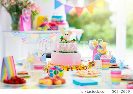 Kids birthday party decoration and cake. Kids birthday party decoration and cake. 50242699