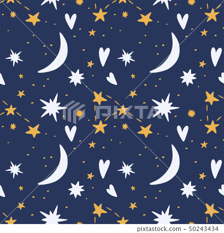 Starry sky with hearts and moon seamless pattern - Stock Illustration ...