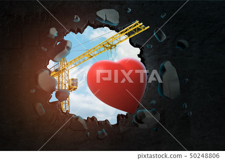 3d rendering of hoisting crane carrying cute red heart and breaking black wall leaving hole in it 3d rendering of hoisting crane carrying cute red heart and breaking black wall leaving hole in it 50248806