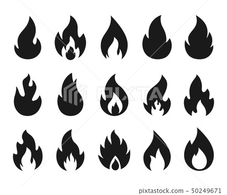 Fire icons. Burning flame silhouette logos, simple fire symbols for hot sauce and kitchen grill 50249671
