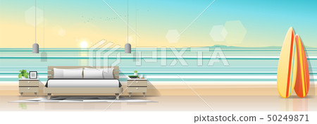 Bedroom with tropical beach wallpaper background 50249871