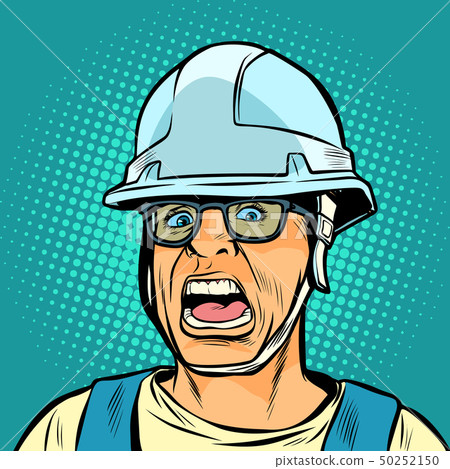 worker in a helmet screaming. danger of fright 50252150