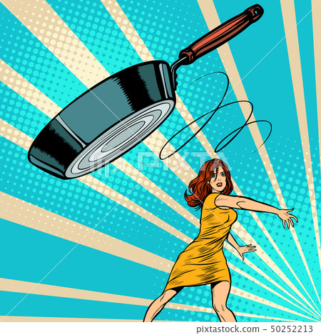 woman throws a frying pan 50252213