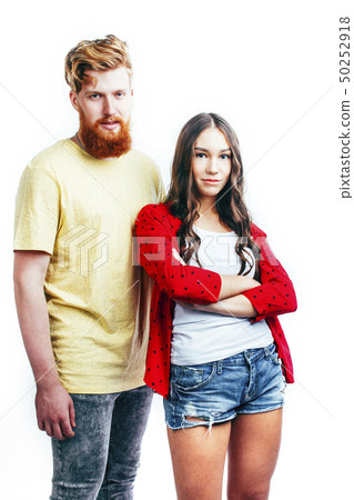 young tender couple, man and woman in love isolated on white, fooling around real modern hipster young tender couple, man and woman in love isolated on white, fooling around real modern hipster 50252918